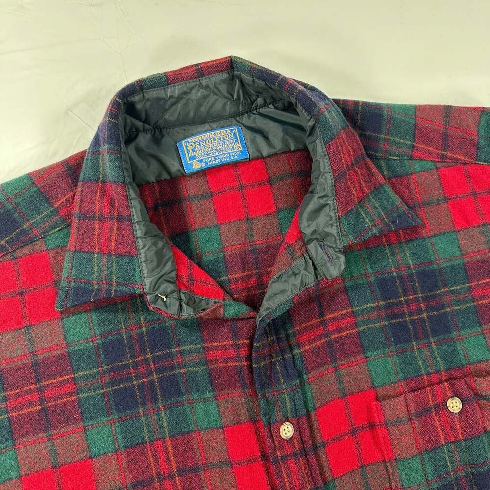 Vintage 70s Pendleton Board Shirt Wool Plaid XL Red Green Elbow Patches USA